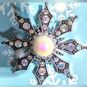 Vintage AB Crystal  Snowflake Brooch Upcycled